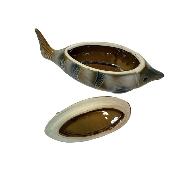 Art Glazed Pottery Fish Trinket Box Bowl With Lid Handmade Unmarked 7" - Picture 10 of 11